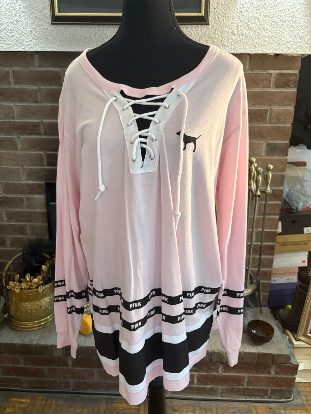 PINK Victoria's Secret Pink Lace-Up Long Sleeve Tunic with Black Stripes